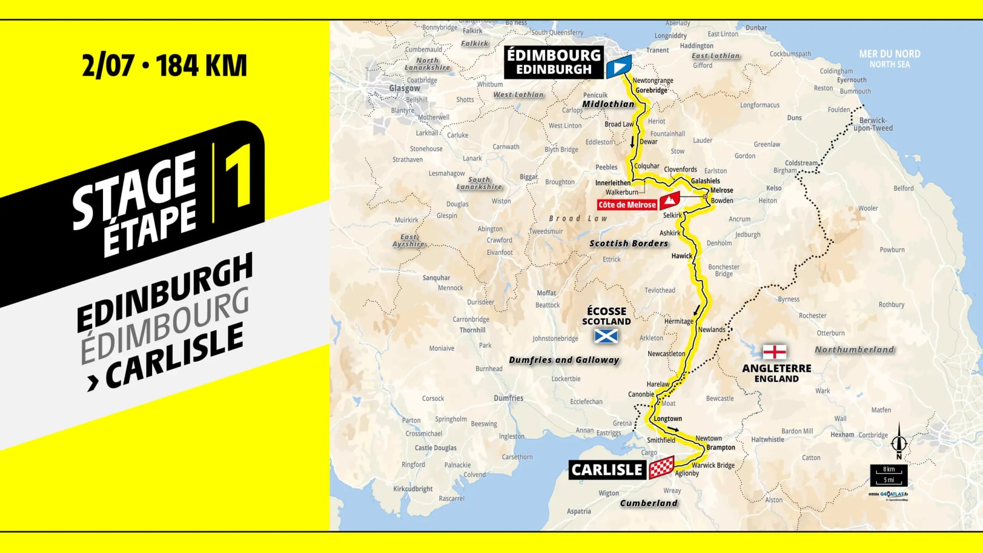 Map of Tour de France 2027 stage 1 from Edinburgh to Carlisle, 184km