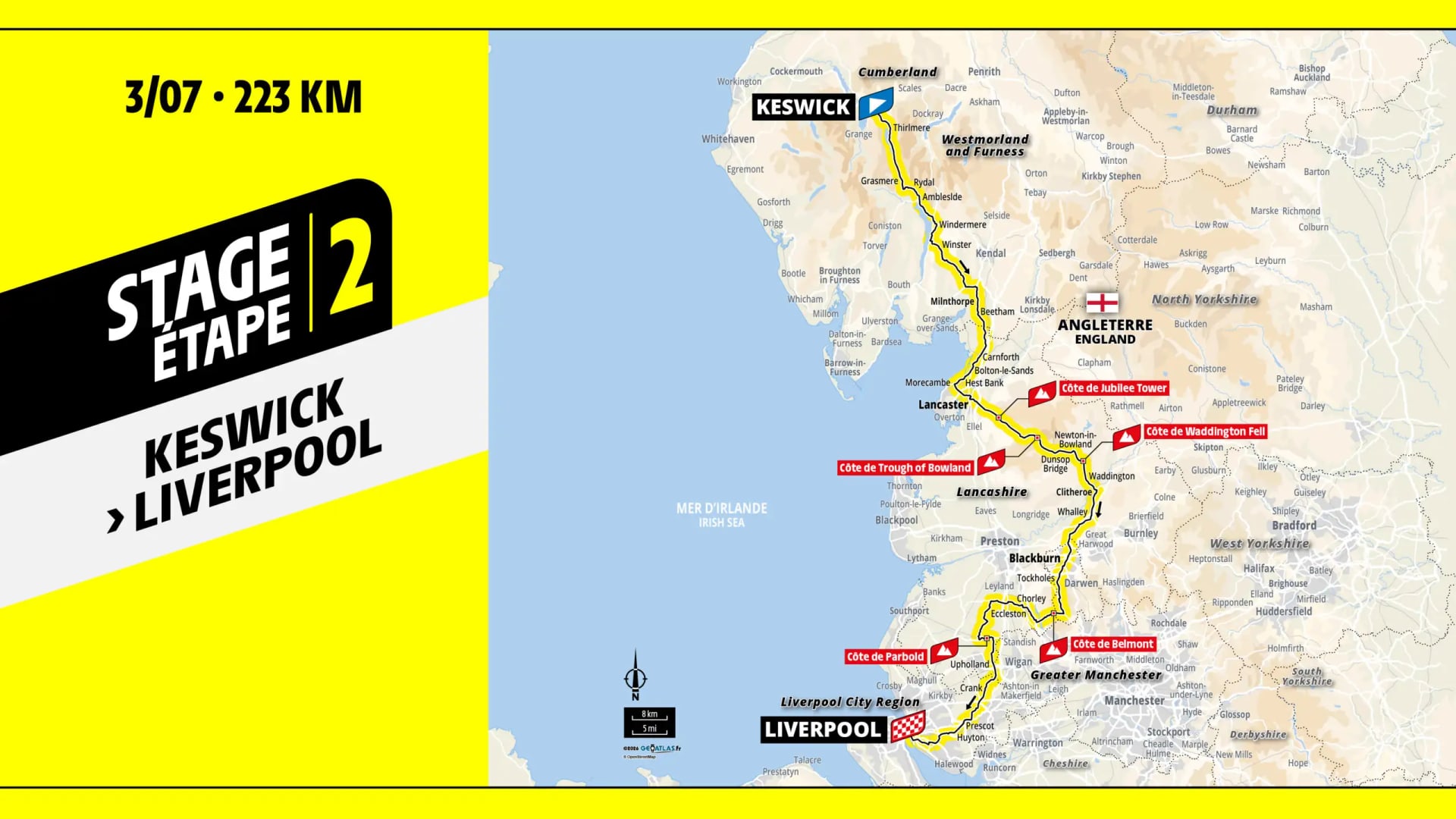 Map of Tour de France 2027 stage 2 from Keswick to Liverpool, 223km