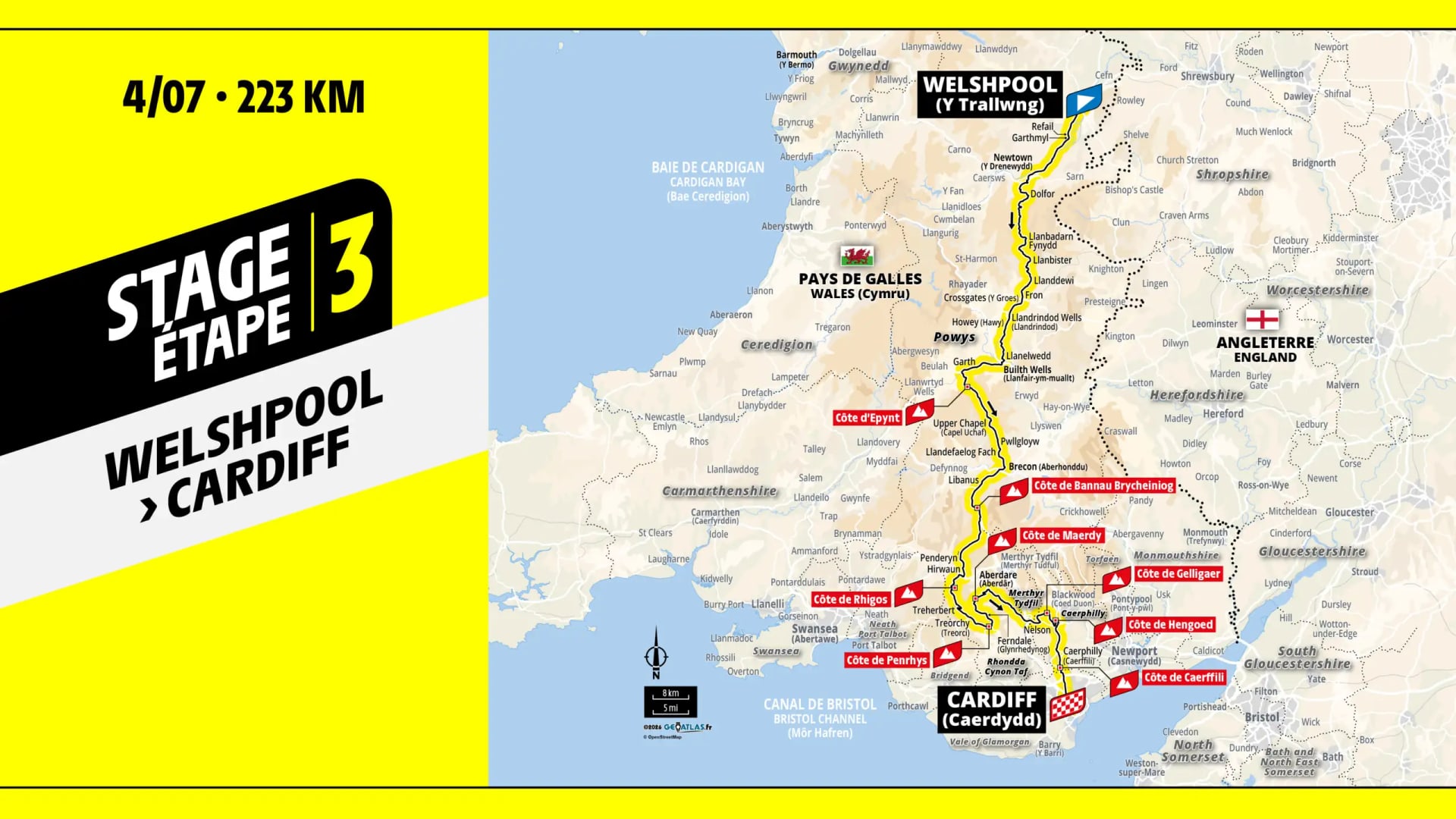 Map of Tour de France 2027 stage 3 from Welshpool through Powys and Bannau Brycheiniog to Cardiff, 223km