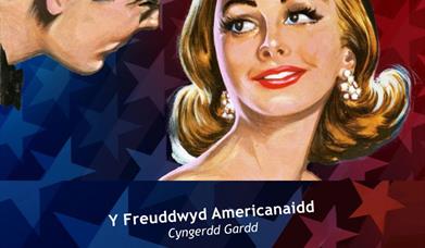 A 1950's style graphic of a Hollywood style couple. The woman in blonde, white and in a shoulderless red dress and elbow lengthwhite gloves. The man i