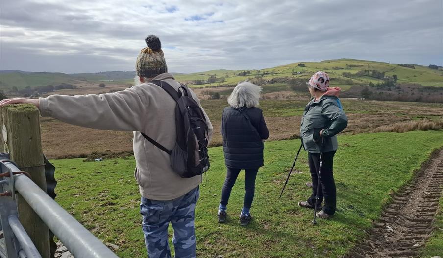 Walkers on a guided walk around the countryside of Ceredigion, Mid Wales