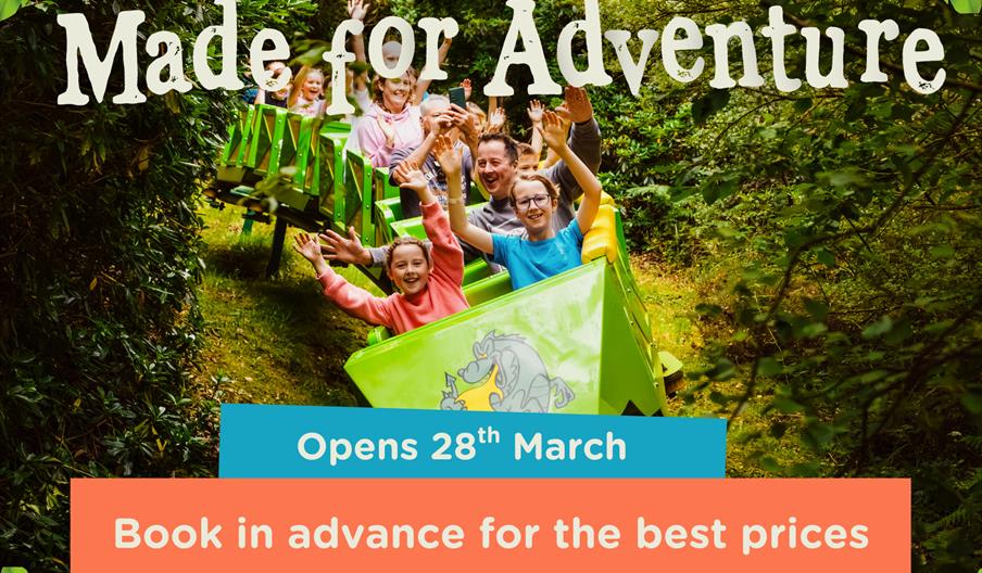 Families having fun on a rollercoaster at FreenWood Family Park. Text says Opens 28th March