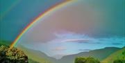 Taken from an upstairs window, a photograph of a particularly vibrant rainbow.