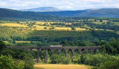 Train Passing over Cynghordy Viaduct with the Western Brecon Beacons in the distance